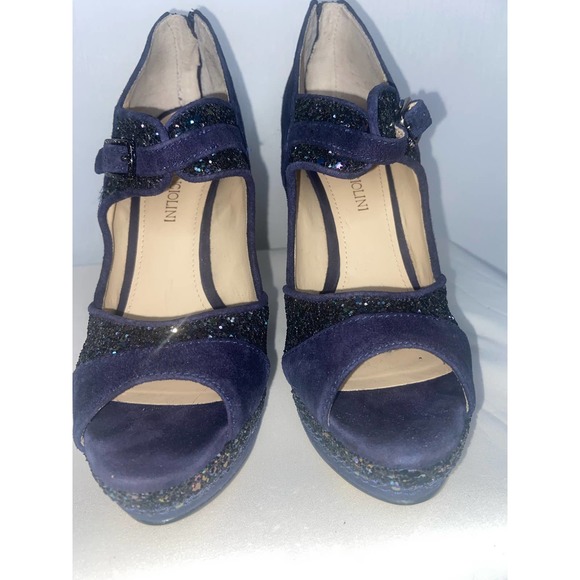 ENZO ANGIOLINI Easling Peep Toe Mary Jane Platform Pump Blue Suede Size 6.5 (M) - Picture 2 of 10